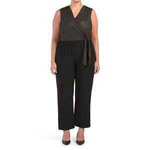 Faux Wrap Glitter Top Jumpsuit Black Gold | Size 1X